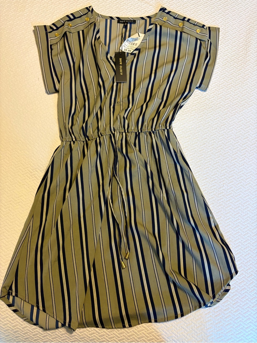 Striped Short Sleeve Drawstring Dress - Olive & Navy